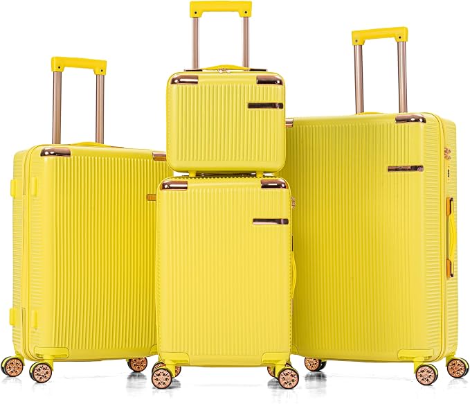 Merax Luggage Sets 4 Piece with Cosmetic Case TSA Lock, Hardside ABS Carry On Suitcase with YKK Zippers Lightweight Rolling Travel Luggage Sets with Spinner Wheels,14+20+24+28 IN,Yellow by Merax