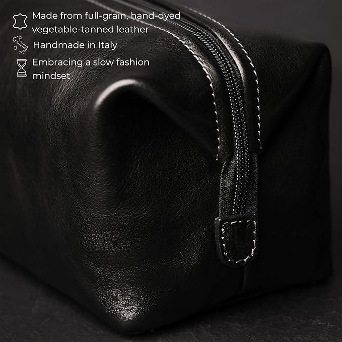Time Resistance Leather Toiletry Bag - Italian Cosmetic Case Dopp Kit (Black) - Image 4