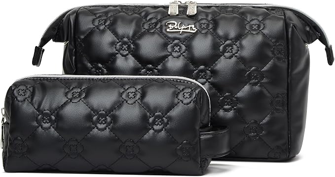 BOYATU Travel Makeup Bag Cosmetic Pouch: 2 Pcs Set Waterproof Vegan Leather Cosmetic Bags for Women - Cute Quilted Skincare Make up Toiletry Bag for Girl (02-Black) by BOYATU