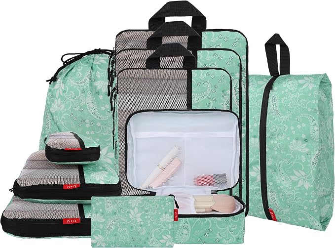 U+U 10 Set Compression Packing Cubes - Ultralight Travel Organizers with Laundry Bag and Cosmetic Bag, Space-Saving Suitcase Organizer for Travel, Business Trip and Family Vacation (Green Paisley) by UU