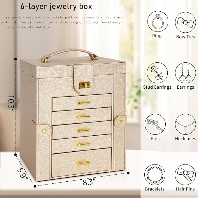 AKOZLIN 6-Tier Jewelry Box Organizer Functional 5 Drawers Leather Jewelry Storage Case for Women Girls Ring Necklace Earring Bracelet Holder Organizer with Mirror Champagne Regular - Image 6