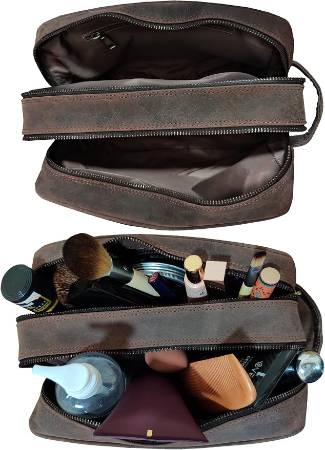 RUSTIC TOWN Full Grain Leather Travel Toiletry Bag - Cosmetic Ditty Kit Organizer (Dark Brown) - Image 4