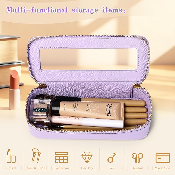 Makeup Brush Bag, Purple, SLIM | Clear, Travel Cosmetic Case, Brush Holder, Waterproof, Zipper Purse Organizer - Image 4