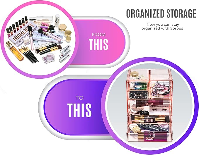 Sorbus Acrylic Makeup Organizer Set, 7-Drawer Vanity & Countertop Cosmetic Storage with Small & Wide Drawers, Pink Makeup Storage for Brushes, Lipsticks, Jewelry – Holiday Gift for Women & Teens - Image 4