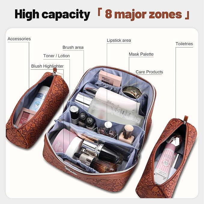 BOYATU Travel Makeup Bag Cosmetic Bags for Women: Large Capacity 3 Pcs Set Make up Bag with Compartments - Waterproof Vegan Leather Toiletry Organizer Bags with Handle (Z-61Brown) - Image 4
