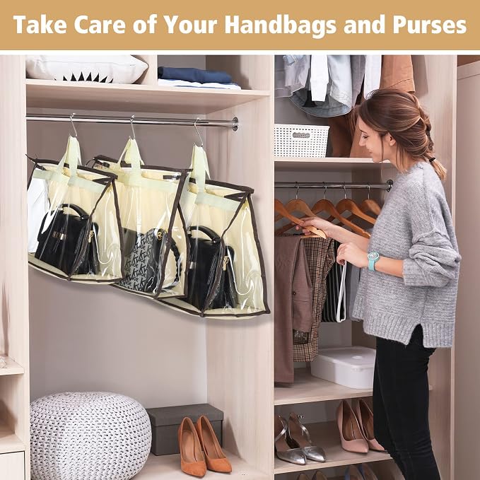 16 Pack Clear Handbag Storage Organizer with 16 Stainless Steel S-Hooks, 4 Assorted Sizes, Anti-Dust Moisture-Proof Purse Storage Bags with Zipper and Handle for Closet Hanging, Wallet Dust Cover Set - Image 6