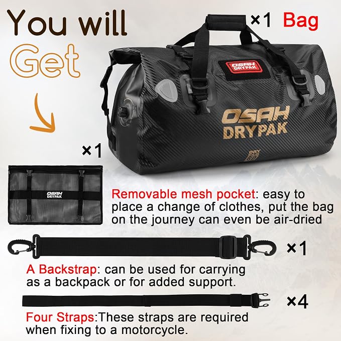OSAH DRYPAK Waterproof Duffel Bag - Motorcycle Dry Bag Tail Bag with Large Storage Space, Waterproof Luggage Duffle Bags with Outer Mesh Zipper Pocket for Camping, Kayaking, Fishing & Traveling - Image 7