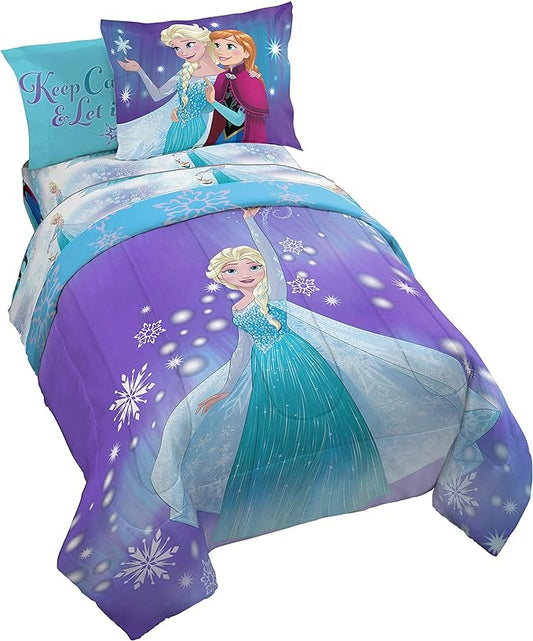 Disney Frozen Elsa Full Size Comforter Set 7 Piece Kids Bedding, Purple | Anna Bed in a Bag, Comforter Sheets Shams Pillowcases, Official Brand, Soft Microfiber, Machine Washable, Girls Gift by JayFranco