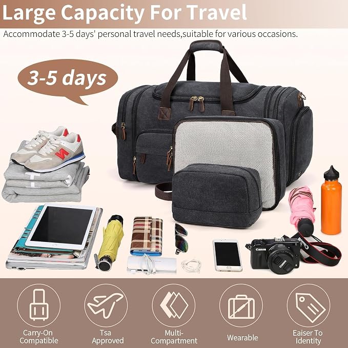 Mens Duffle Bag for Travel 60L Expandable Canvas Weekender Overnight Travel Duffel Bag with Shoe Compartment Carry-On for Airplanes Dark Gray - Image 6