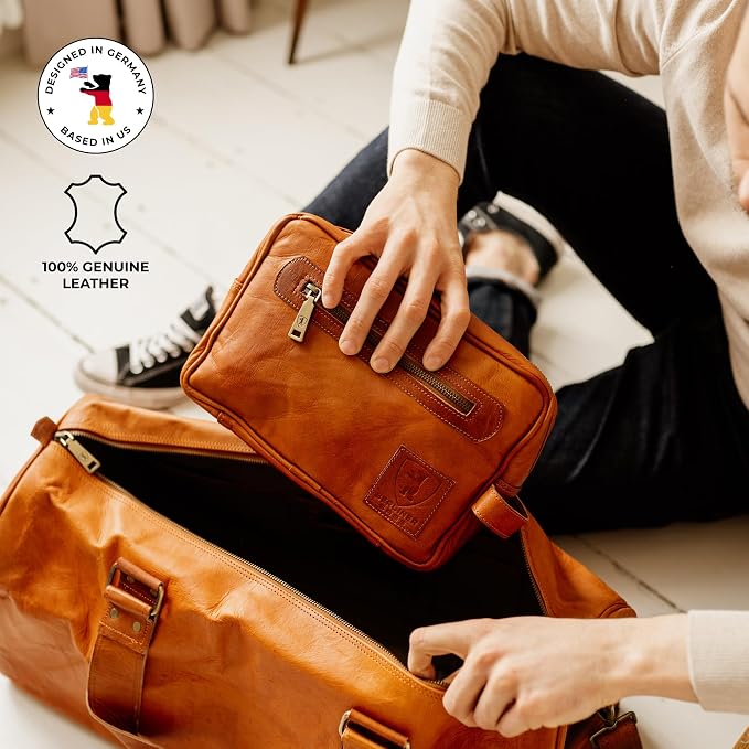 BERLINER BAGS Vintage Genuine Leather Toiletry Bag Paul for Travel, Two Zippered Compartments, Large Capacity Cosmetics Bag for Men and Women, Gift for Dad - Brown - Image 3