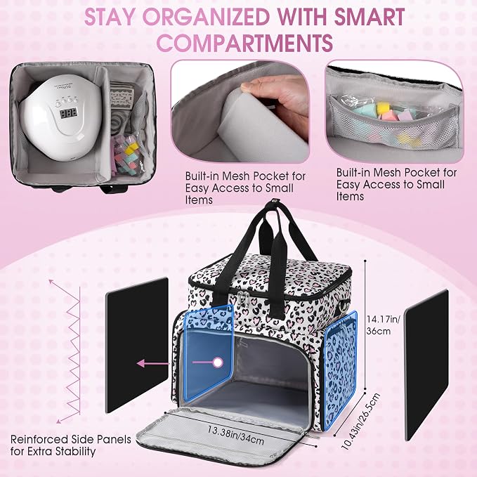 DERSTUEWE Nail Polish Organizer Case – Waterproof Travel Bag with Hard Bottom – Double Layer Nail Storage Bag with Adjustable Dividers & Nail Lamp Compartment (Multi Print) - Image 4