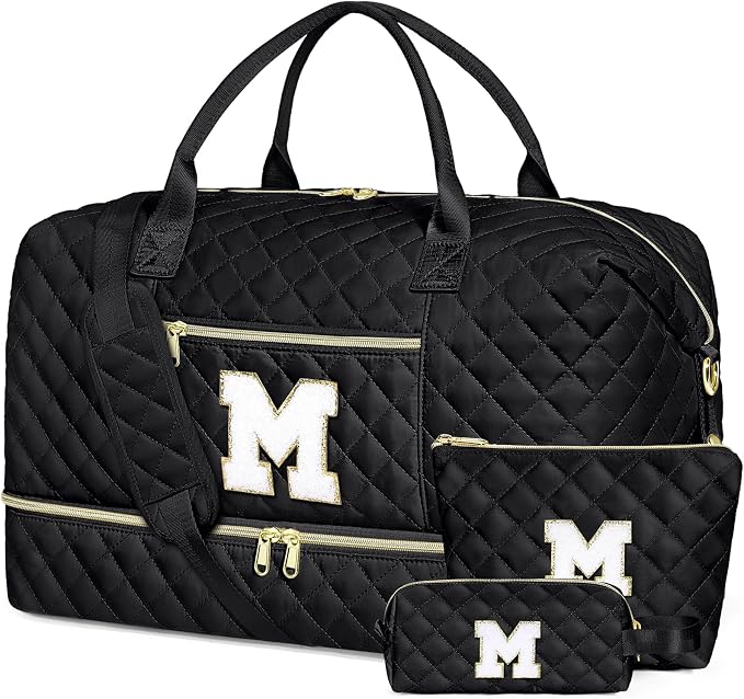 Graduation Birthday Gift for Her, Personalized Initial Weekender Bag for Women 45L Travel Duffle Carry On Quilted, 3PCS Overnight with Cosmetic & Toiletry Bag, Shoe Compartment, Gym Dance Bag for Girl by ITIEZY