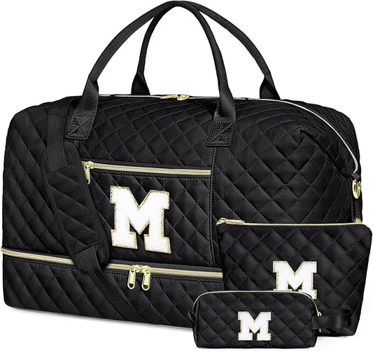 Graduation Birthday Gift for Her, Personalized Initial Weekender Bag for Women 45L Travel Duffle Carry On Quilted, 3PCS Overnight with Cosmetic & Toiletry Bag, Shoe Compartment, Gym Dance Bag for Girl by ITIEZY