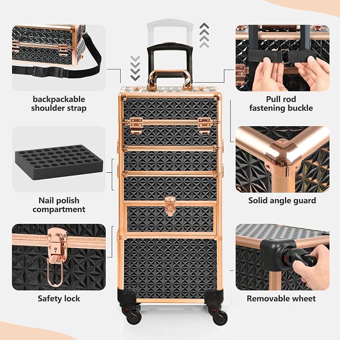 Makeup Train Case with Drawer, Rolling Makeup Case, Cosmetology Case on Wheels, Gift, Large Makeup Case Organizers, Professional for Salon Barber, Nail, Tattoo, Black Gold - Image 5