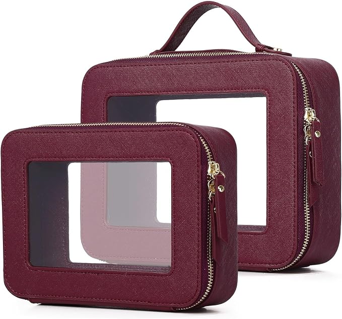 Pinkmik Clear Makeup Bag for Women Waterproof Travel Cosmetics and Toiletries Case Portable Makeup Oaganizer Bag Clear Car Bag with Zipper (X/Burgundy, M+L) by Pinkmik