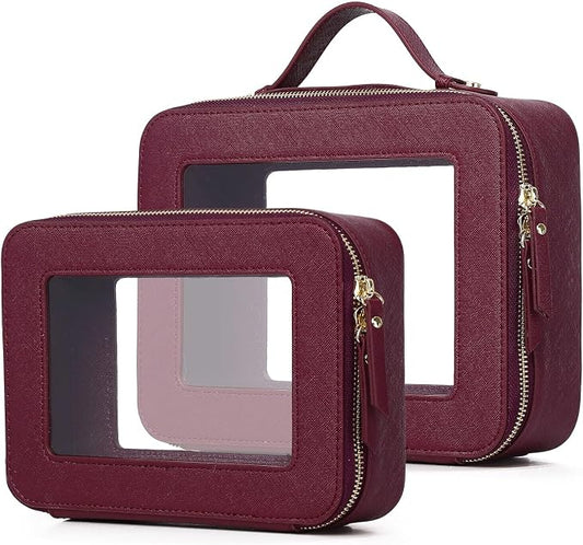 Pinkmik Clear Makeup Bag for Women Waterproof Travel Cosmetics and Toiletries Case Portable Makeup Oaganizer Bag Clear Car Bag with Zipper (X/Burgundy, M+L) by Pinkmik