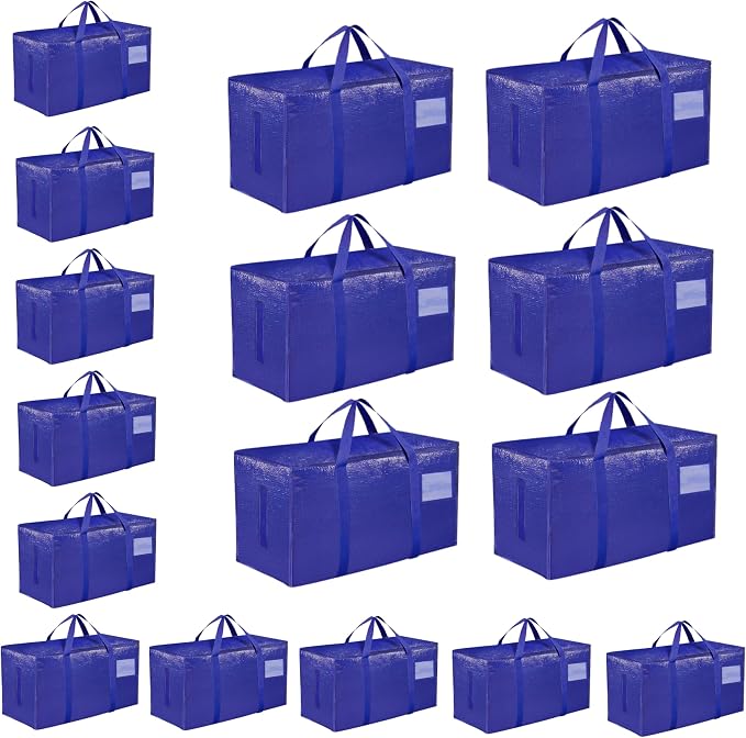 16 Pack-Extra Large Heavy Duty Moving Bags - Waterproof Storage Totes with Handles & Zippers, Foldable for College Dorm, Storage (Blue) by Unknown