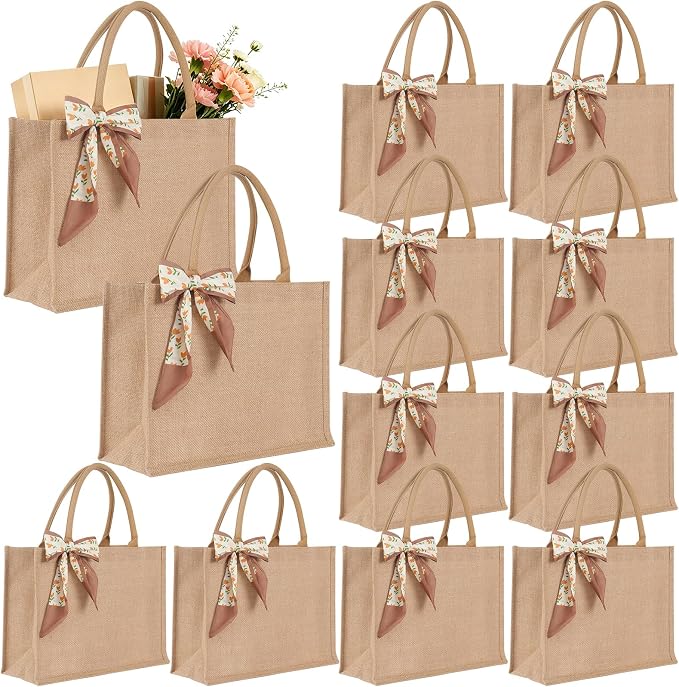 Waterproof Large Jute Tote Bag Set W/Ribbon 15.35x6x12 Inch Women Bridesmaid Gift for Beach Wedding Shopping Travel by Unknown