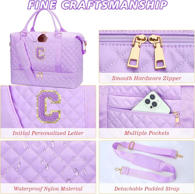 Monogrammed Gifts for Girls Initial Travel Duffle Bag Quilted Weekender Bags Carry-On Overnight with Cosmetic Bag, Gym Bag with Shoe Compartment Hospital Bag for Women Labor Delivery, Purple-C - Image 8