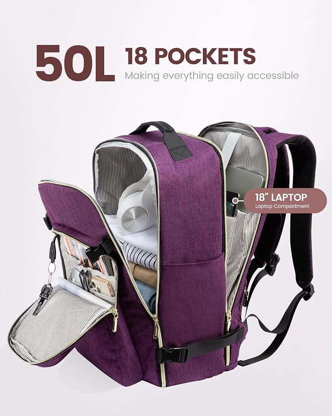 LOVEVOOK 50L Travel Backpack Flight Approved Carry on Backpack,3 Packing Cubes,Waterproof Personal Item Travel Bag,TSA Carry on Luggage Suitcase Travel Essentials,Gifts for Women & Men,fits 18" Laptop - Image 3