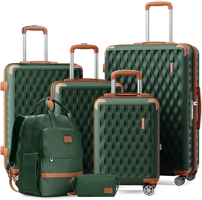 Melalenia Suitcase Sets 6 Piece Hard Shell Carry on Luggage with Spinner Wheels and TSA Lock, Lightweight Travel Backpack for Women, Green Brown by Melalenia