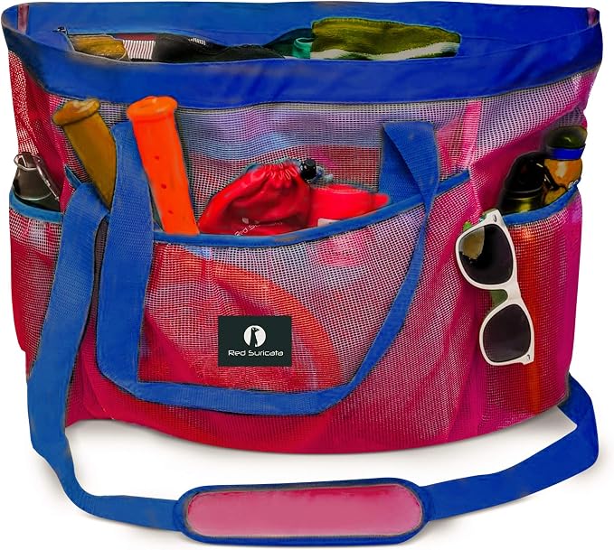 Red Suricata Mesh Beach Bag with Zipper - Extra Large Beach Tote Bag – Pool Bag | with Zipper by RedSuricata