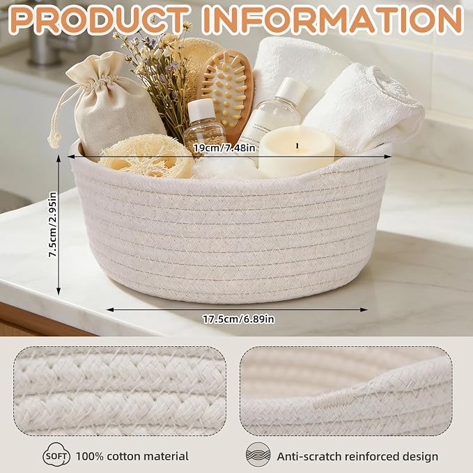 8 Pack Small Woven Storage Baskets with Gift Bag and Ribbon for Organizing Woven Natural Cotton Rope Bin Round Boho Empty Decorative Gift Chest Basket Box for Bathroom, Closet, Shelf Organizer (White) - Image 2
