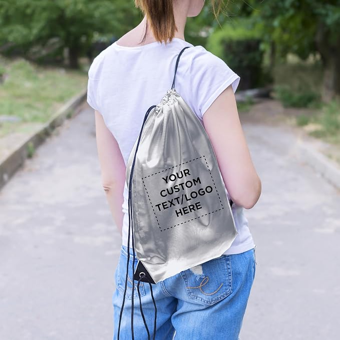 DISCOUNT PROMOS Custom Urban Shiny Drawstring Bags Set of 10/50/100, Personalized Bulk Pack - Bring Everywhere You Go, Perfect for Employees, For Everyday Use - Silver - Image 7
