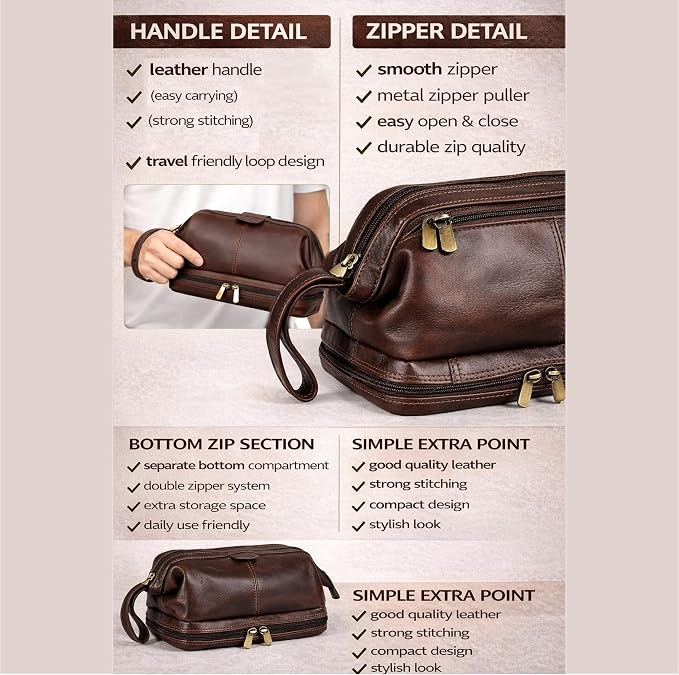 cuero Genuine Buffalo Leather Unisex Toiletry Bag Travel Leather Dopp Kit Made With High Class Buffalo Leather - Image 2
