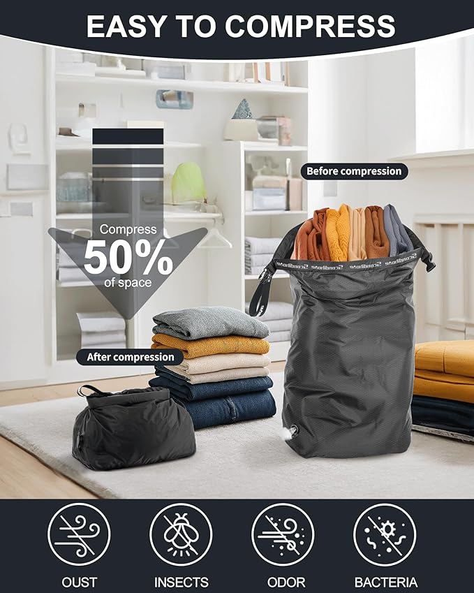 Travel Laundry Bag, Pump-Free Vacuum Compression Dirty Clothes Bag, Small Reusable Waterproof & Washable Laundry Bag, Wet and Dry Bag, Ideal for Suitcases, Road Trip Essentials (1 Pack) Black - Image 3