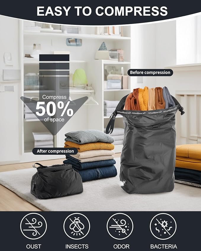 Travel Laundry Bag, Pump-free Vacuum Compression Dirty Clothes Bag, Large Reusable Waterproof & Washable Laundry Bag, Wet and Dry Bag, Ideal for Suitcases, Cruise Essentials (1 Pack) Black - Image 3