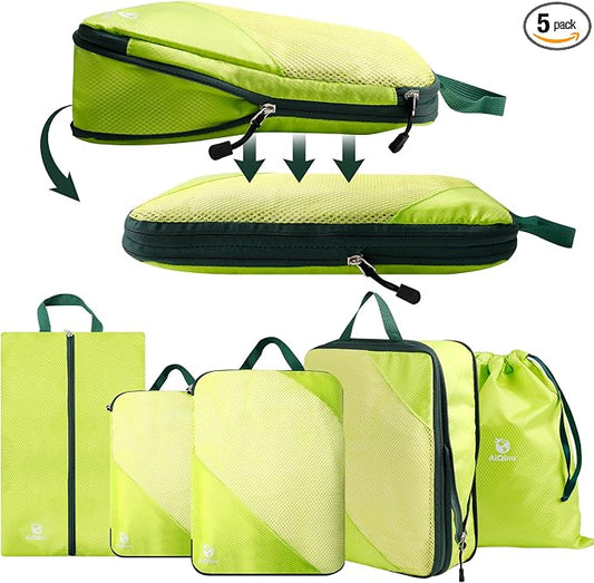 AiQInu 5 Piece Suitcase Organizer, Compression Packing Cube Space-Saving Expandable Ultralight Travel Organizer for Clothes, Shoes, Underwear Travel Set for Backpacks or Hand Luggage by AiQInu