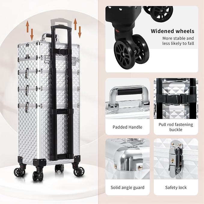 AROUS Rolling Makeup Train Case 4 in 1 Cosmetology Case on Wheels Large Storage Cosmetic Trolley with Key Salon Barber Case Traveling Cart Trunk, Silver - Image 6