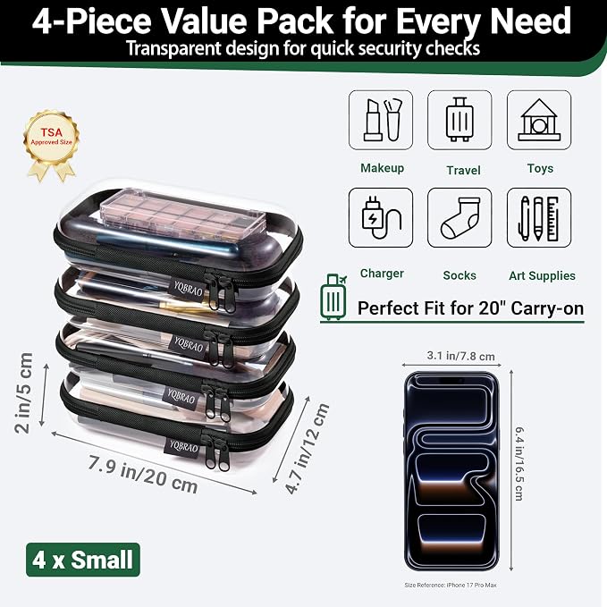 YQBRAO 4-Pack Clear Hard Shell Zipper Case, 1.2mm Ultra-Thick Diaper Bag Organizer Pouches, Rigid Self-Standing Travel Makeup Bags with YKK Zippers, TSA Approved, Black - Image 4