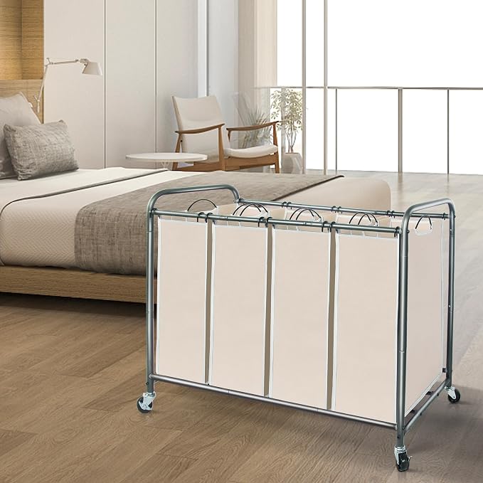 STORAGE MANIAC Laundry Sorter 4 Section, 47.5 Gal (180 L) Laundry Hamper with Wheels, Clothes Divider Basket Sorter, Separator Hamper Cart with Removable Bags, Beige - Image 6