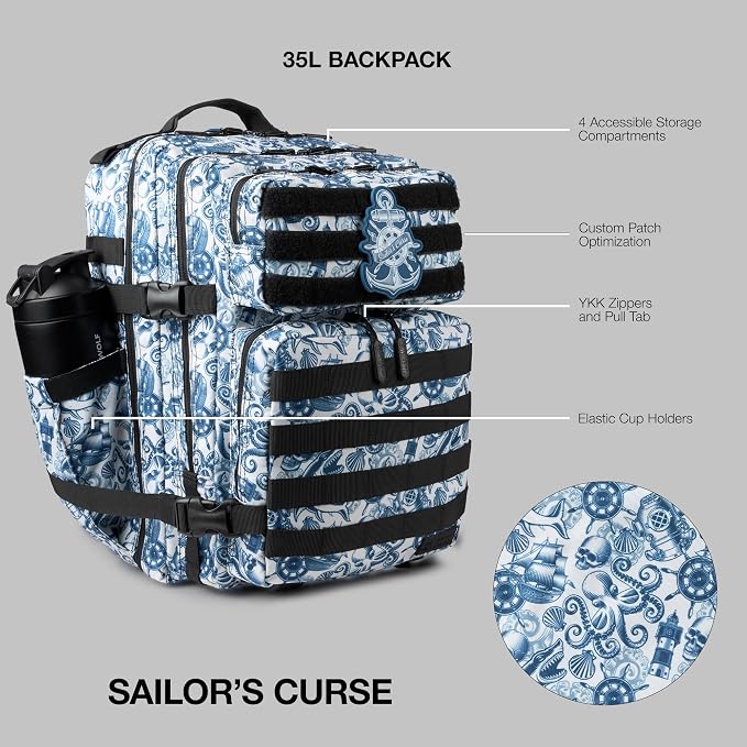 WOLFpak 35L Athletic Gym Backpack (Sailor's Curse) - Durable 1000D Waterproof Oxford Material with MOLLE Webbing, Laptop Pocket & Dual Cup Holders, Durable Fitness/Travel/Military Daypack - Image 2