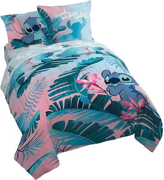 Disney Lilo and Stitch Queen Comforter Set 7 Piece Kids Bedding, Pink | Bed in a Bag, Comforter Sheets Shams Pillowcases, Official Brand, Soft Microfiber, Machine Washable, Girls Gift by JayFranco