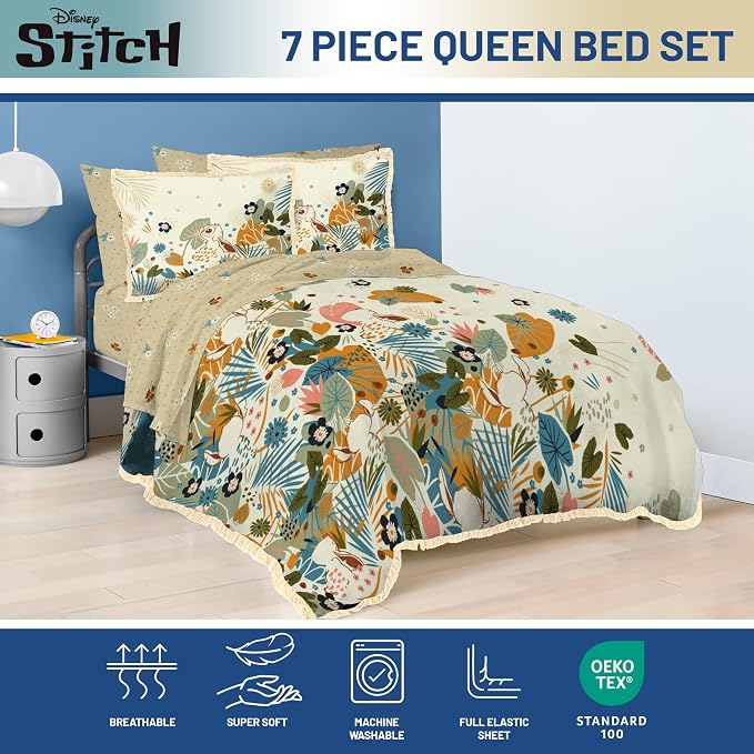Disney Lilo and Stitch Queen Comforter Set 7 Piece Floral Bedding, Multi | Bed in a Bag, Comforter Sheets Shams Pillowcases, Official Product, Soft Microfiber, Machine Washable, Girls Gift - Image 2