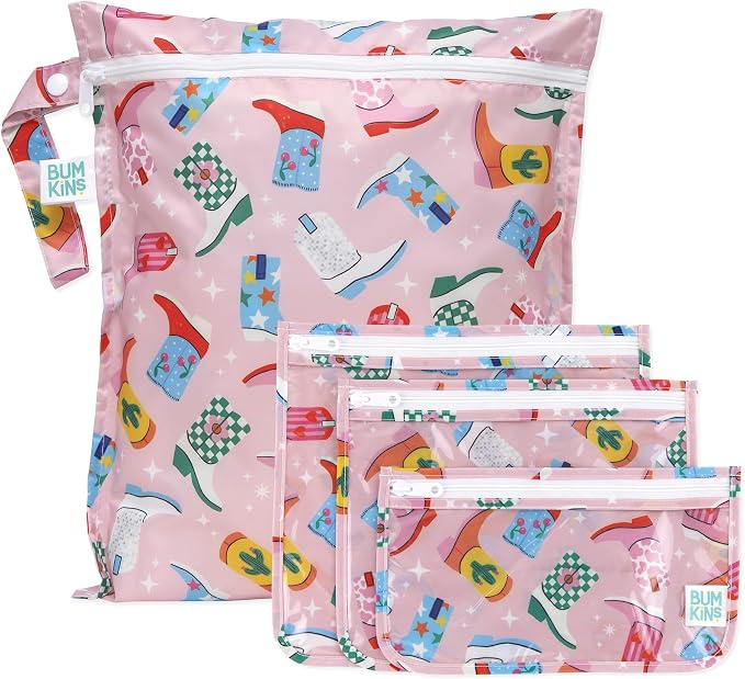 Bumkins - Waterproof Wet Bag & Clear Travel Bags - For Beach, Baby, Travel, Swim Suit, Cloth Diapers, Pump Parts, Pool, Gym, Toiletries - Reusable & Easy to Clean - Cowgirl Boots - 4 Pack by Bumkins