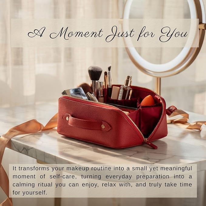 VENOULT Makeup Bag, Spacious Cosmetic Case for Women, Portable 180° Wide-Open Flat Cosmetic Bag, Travel Toiletry Organizer with Handle, Hanmdade, Full Grain Genuine Turkish Leather (Carmine) - Image 5