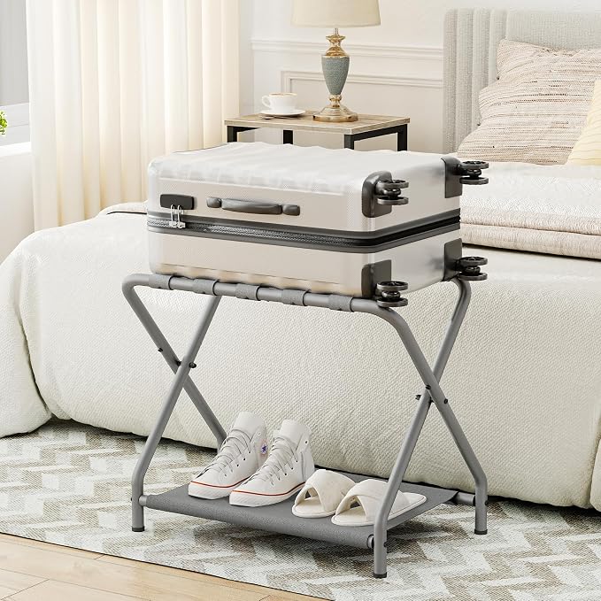HOOBRO Luggage Rack, Pack of 2, Folding Suitcase Stand with Fabric Storage Shelf for Guest Room, Bedroom, Hotel, Holds up to 100 lb, 27 x 15.3 x 22 Inches, Space Saving, Gray GY04XLP201 - Image 7