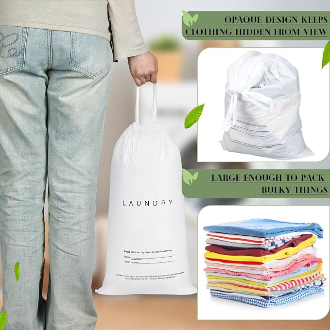 200 Pack Hotel Laundry Bags Bulk 1.38 Mil 14" x 24" Laundry Plastic with Drawstring Closure Writing Strips Patient Personal Belongings Dirty Clothes Bag for Factory Travel Hospital - Image 3