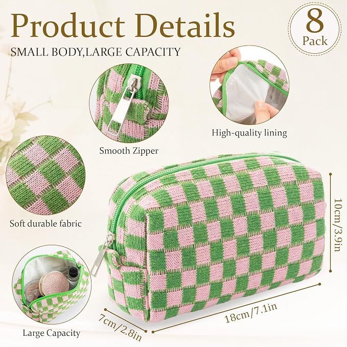 Gilprop 8 Pcs Checkered Makeup Bag for Purse Small Cosmetic Pouch Bulk Portable Zipper Makeup Pouch Travel Toiletry Organizer Gifts for Women Bridesmaid Wedding Party Favors (Colorful 3) - Image 2