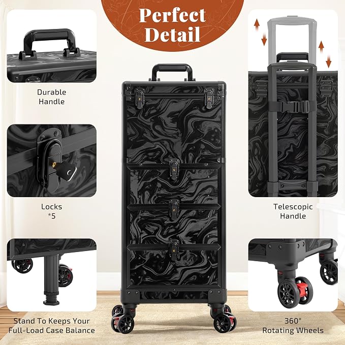 Rolling Makeup Train Case with 3 Drawers, Nail Trolley Cart Salon Station Cosmetology Case on Wheels Organizer Cases for Nail Tech,SPA,Face Painting,Hairstylist,Makeup Artist (Ink Black) - Image 6
