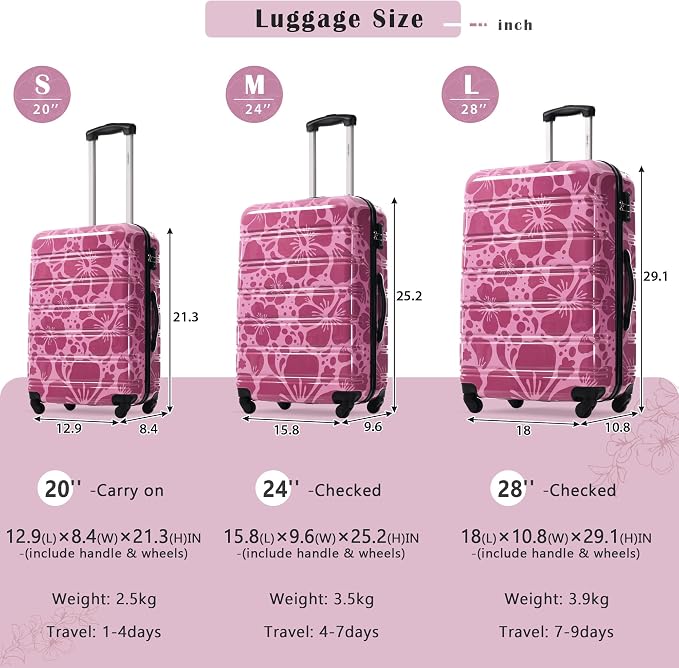 Merax Suitcase Set, Hardshell Luggage Sets 3 Piece with Spinner Wheels | Durable Printing Suitcase with TSA Lock Lightweight 20" 24" 28",Purple Pink - Image 8