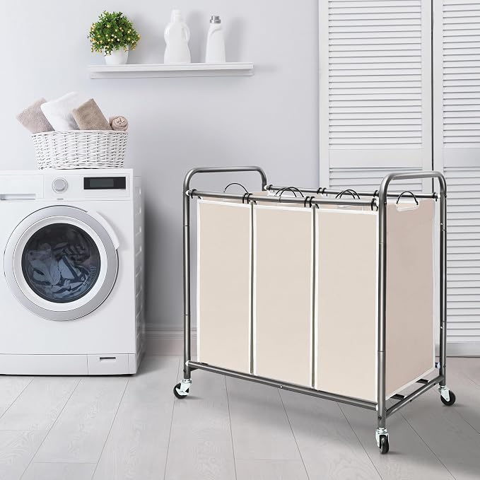 STORAGE MANIAC 3 Section Laundry Sorter, 35.6 Gal (135 L) Laundry Hamper Cart with Heavy Duty Rolling Lockable Wheels and Removable Bags, Clothes Organizer Basket Separator Hamper, Beige - Image 6