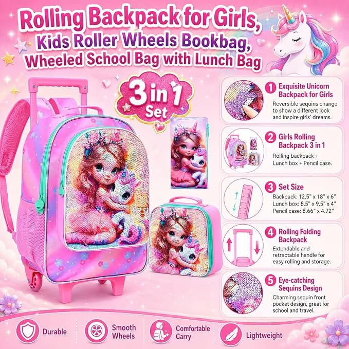 AGSDON 3PCS Rolling Backpack for Girls Boys, Kids Roller Wheels Bookbag, Wheeled School Bag with Lunch Bag - Image 8