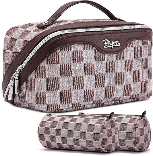 BOYATU Travel Makeup Bag for Women: Large Cosmetic Bag Set of 3 - PU Leather Make up Bag with Compartments - Compact Waterproof Toiletry Bag with Divider & Handle (D-3-Brown) by BOYATU
