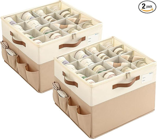 Varhomax Shoe Organizer Box 2 Pack for Closet, Fabric Shoe Storage Bin with Adjustable Dividers & Clear Cover, Holds up 16-32 Pairs of Sneakers & Sandals for Entryway, Cubby by Varhomax