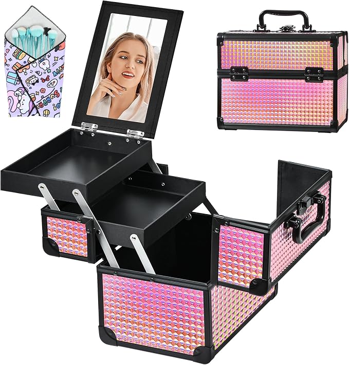Makeup Case Organizer,Makeup Train Case, Trays Cosmetic Box Portable, Profesional for Salon Barber,Black Bright Pink by Unknown
